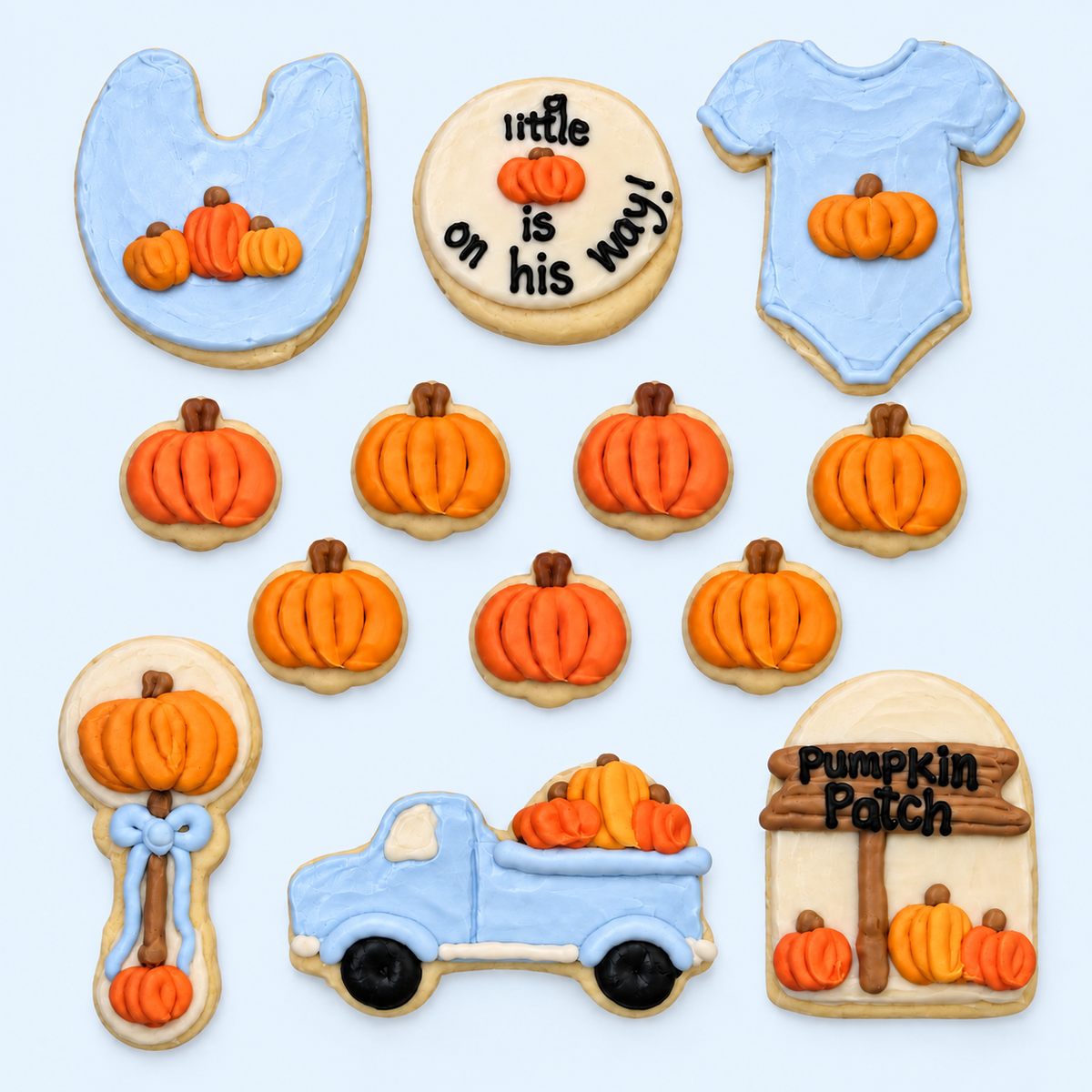 A Little Pumpkin (boy) Party Box (6 BIG & 8 MINI Sugar cookies)