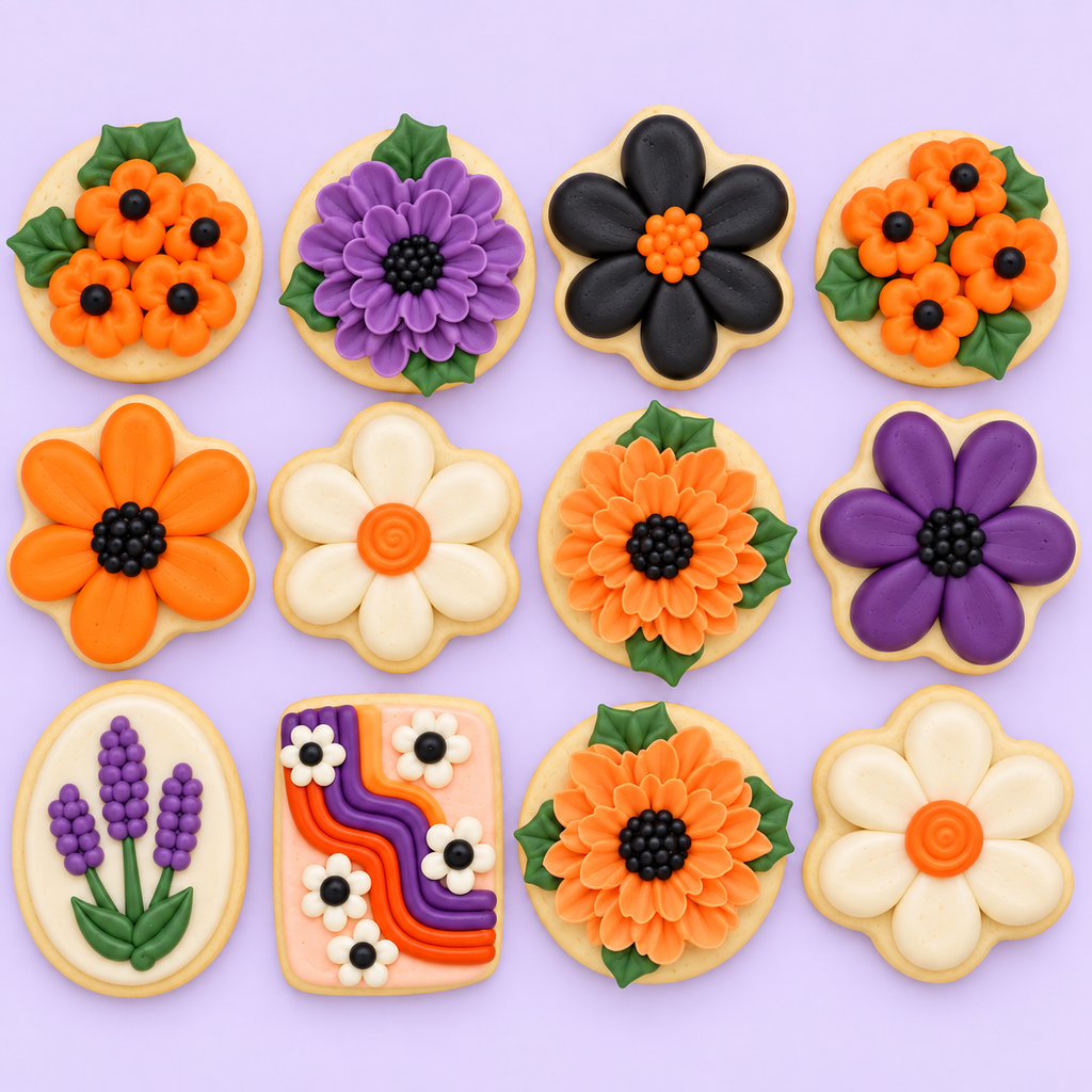 Twelve decorated sugar cookies arranged in a 3x4 grid on a light lavender background. The cookies feature various floral and abstract designs in orange, purple, cream, black, green, and pink, including daisies, sunflowers, lavender, and a retro wavy pattern cookie.